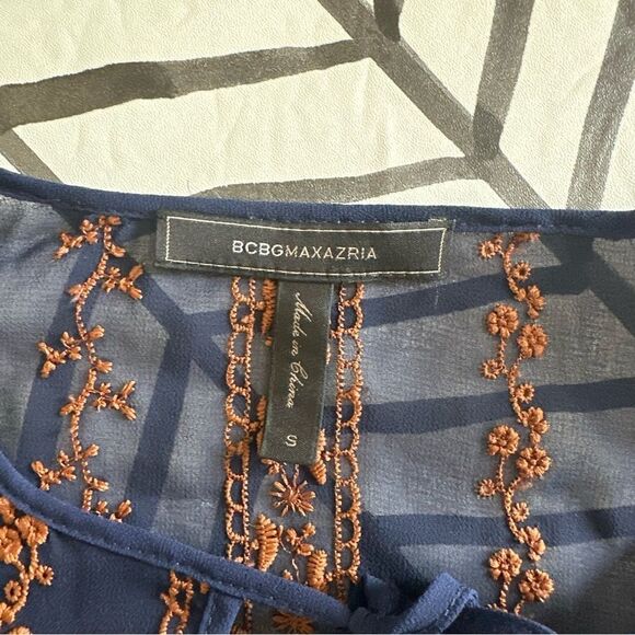 BCBGMaxazria Size S Navy and Orange Sheer Long Sleeve Layering Blouse - Picture 4 of 4